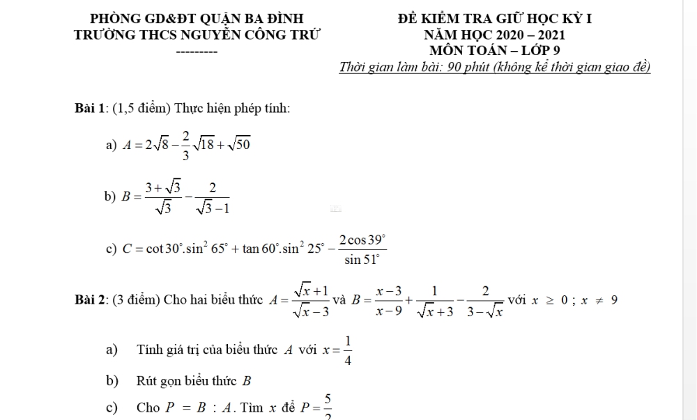 Toán 9: Đề kiểm tra giữa học kỳ 1. Trường THCS Nguyễn Công Trứ năm học 2020-2021